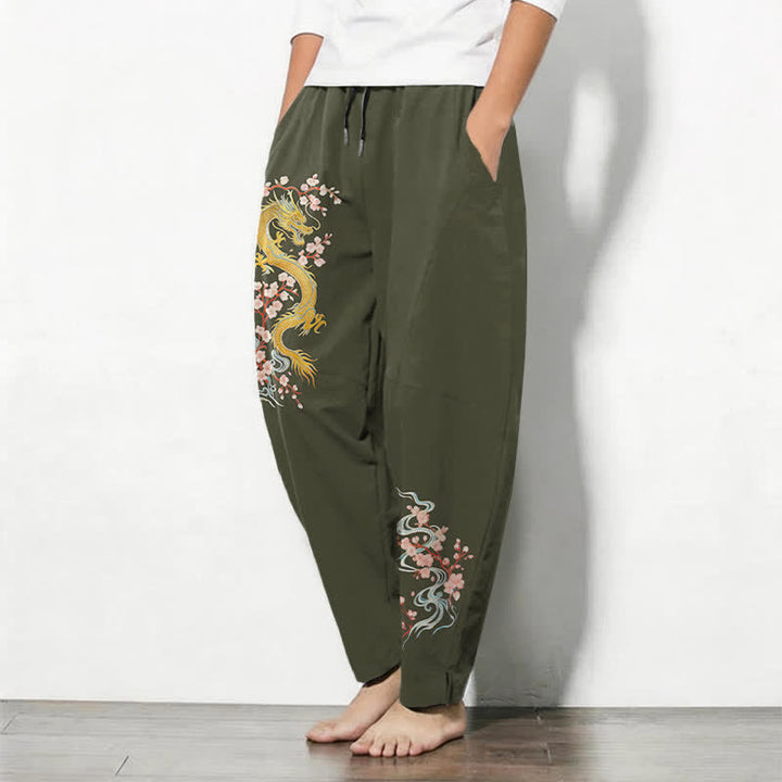 Buddha Stones Pantalon fuselé pour homme en pur coton, motif fleur de dragon dorée, cordon de serrage et poches - image 12