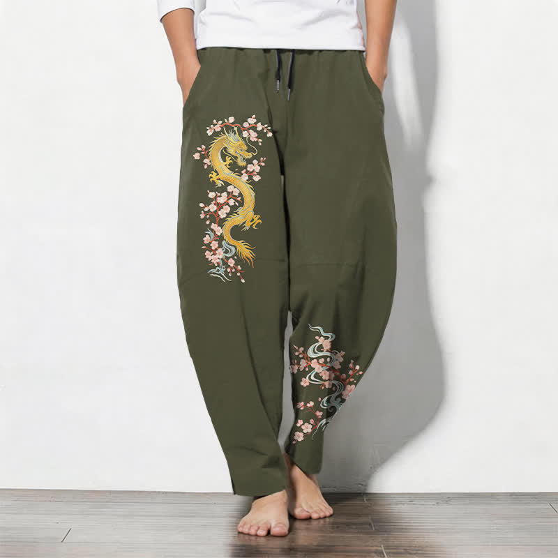 Buddha Stones Pantalon fuselé pour homme en pur coton, motif fleur de dragon dorée, cordon de serrage et poches - Vert olive foncé - US/UK/AU50，EU60 (5XL) - image 11