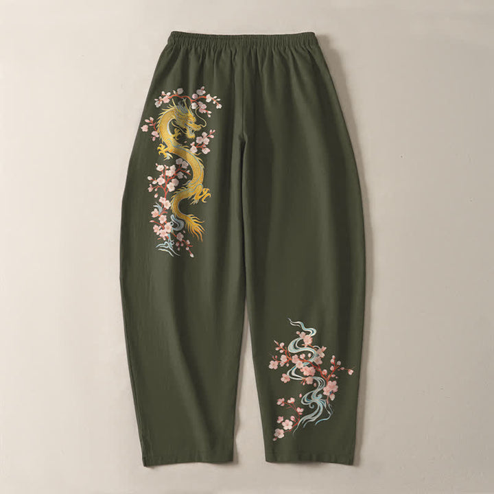 Buddha Stones Pantalon fuselé pour homme en pur coton, motif fleur de dragon dorée, cordon de serrage et poches - image 14
