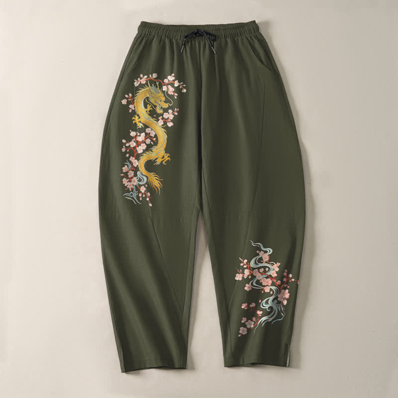 Buddha Stones Pantalon fuselé pour homme en pur coton, motif fleur de dragon dorée, cordon de serrage et poches - image 13