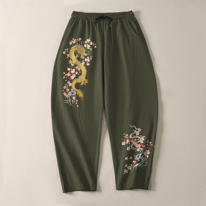 Buddha Stones Pantalon fuselé pour homme en pur coton, motif fleur de dragon dorée, cordon de serrage et poches - image 13