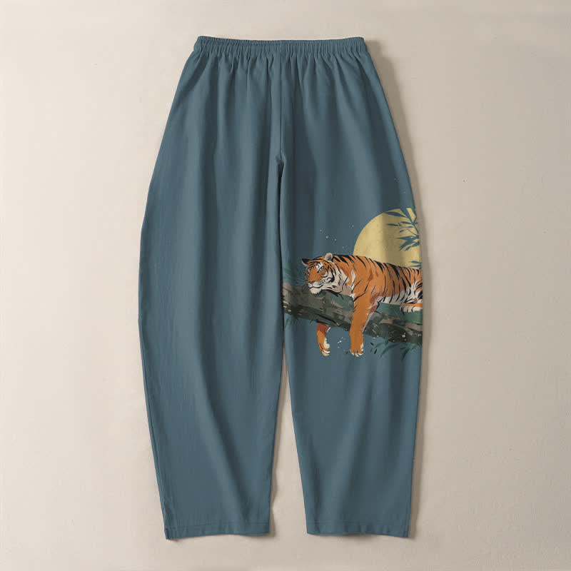 Buddha Stones Pantalon fuselé pour homme en pur coton, motif tigre et lune, cordon de serrage et poches - image 3