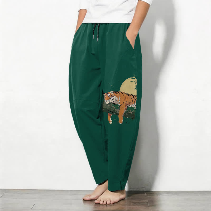 Buddha Stones Pantalon fuselé pour homme en pur coton, motif tigre et lune, cordon de serrage et poches - image 8