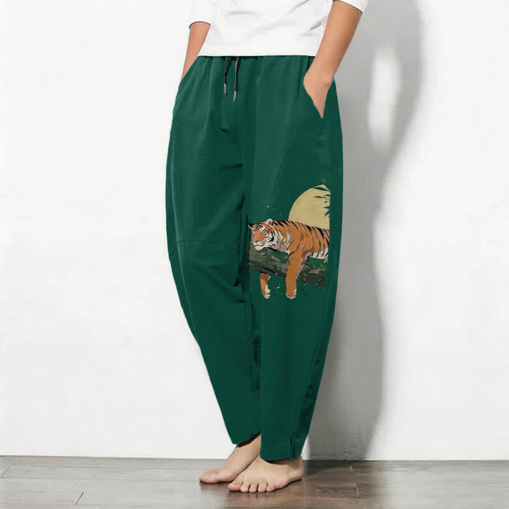 Buddha Stones Pantalon fuselé pour homme en pur coton, motif tigre et lune, cordon de serrage et poches - image 8