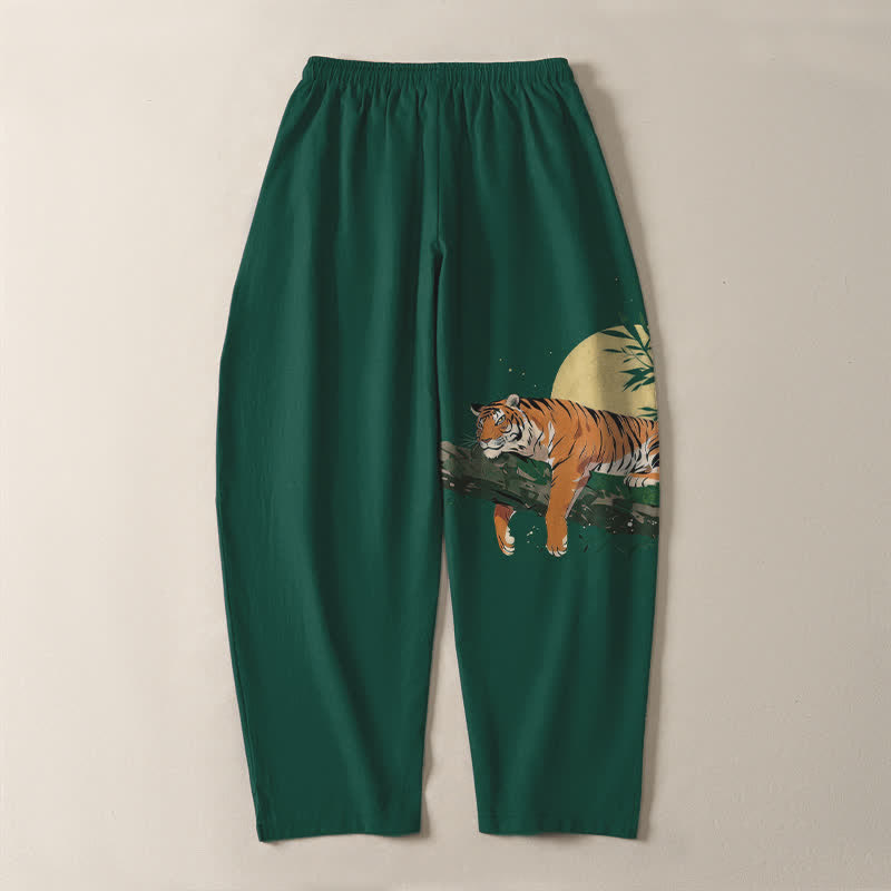Buddha Stones Pantalon fuselé pour homme en pur coton, motif tigre et lune, cordon de serrage et poches - image 10