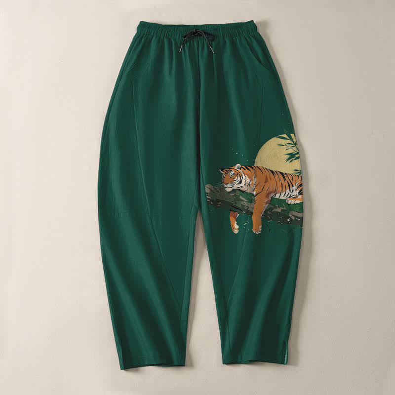 Buddha Stones Pantalon fuselé pour homme en pur coton, motif tigre et lune, cordon de serrage et poches - image 9