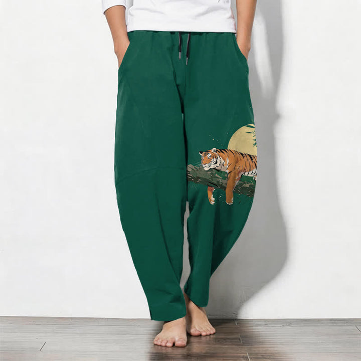 Buddha Stones Pantalon fuselé pour homme en pur coton, motif tigre et lune, cordon de serrage et poches - Vert - US/UK/AU50，EU60 (5XL) - image 7