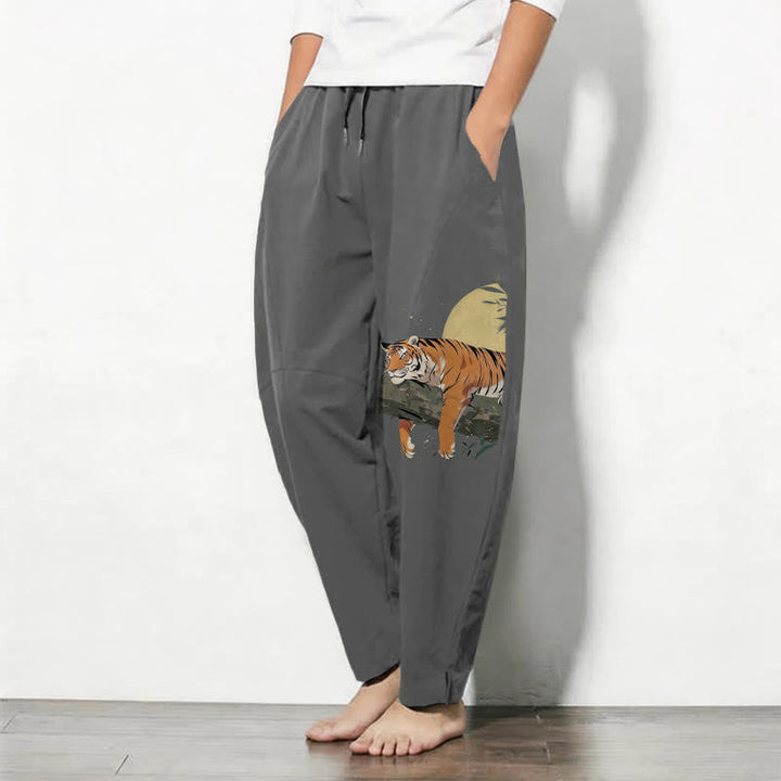 Buddha Stones Pantalon fuselé pour homme en pur coton, motif tigre et lune, cordon de serrage et poches - image 12