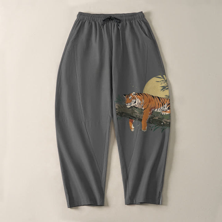 Buddha Stones Pantalon fuselé pour homme en pur coton, motif tigre et lune, cordon de serrage et poches - image 13