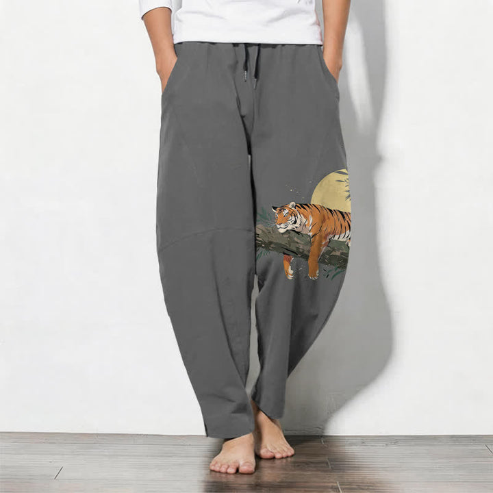 Buddha Stones Pantalon fuselé pour homme en pur coton, motif tigre et lune, cordon de serrage et poches - Gris - US/UK/AU50，EU60 (5XL) - image 11