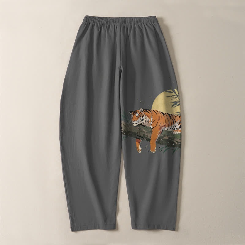 Buddha Stones Pantalon fuselé pour homme en pur coton, motif tigre et lune, cordon de serrage et poches - image 14