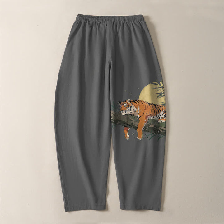 Buddha Stones Pantalon fuselé pour homme en pur coton, motif tigre et lune, cordon de serrage et poches - image 14