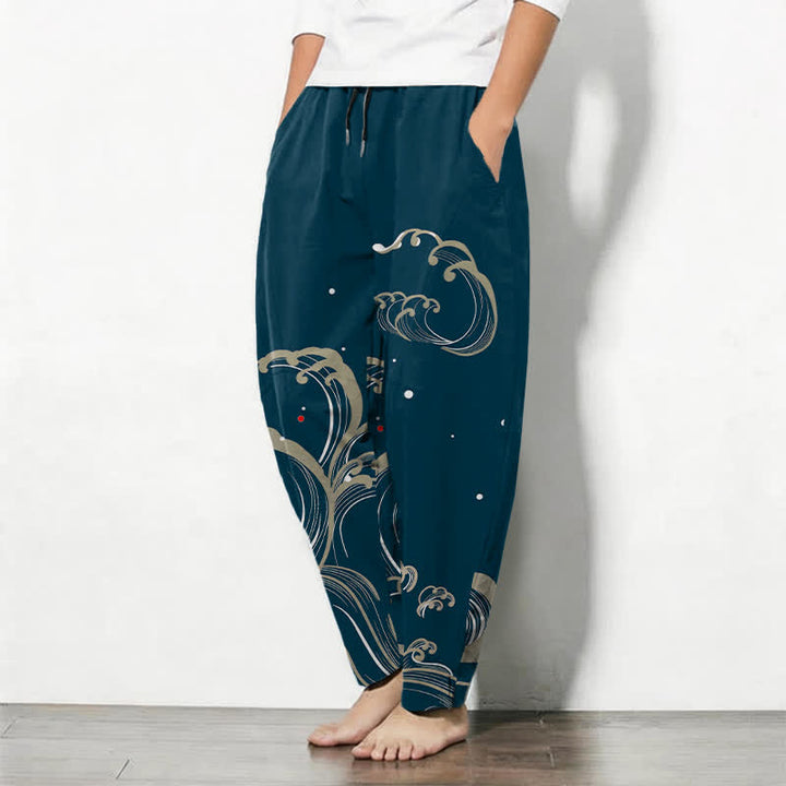Buddha Stones Pantalon fuselé pour homme en pur coton, motif vagues et marées, avec cordon de serrage et poches - image 1