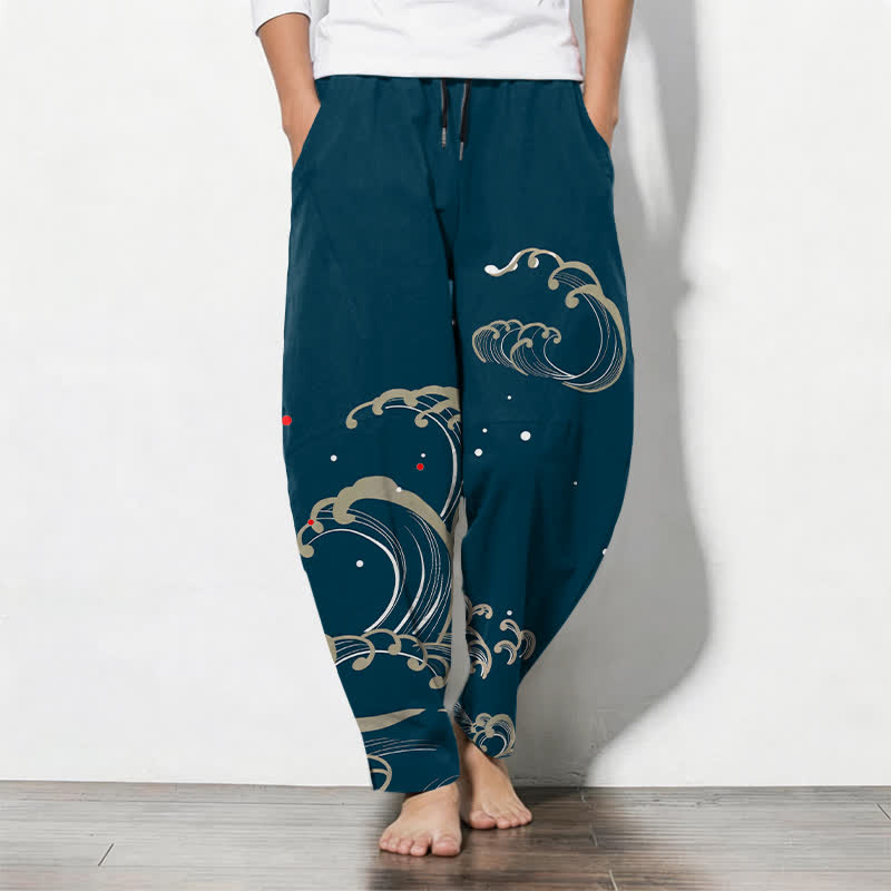 Buddha Stones Pantalon fuselé pour homme en pur coton, motif vagues et marées, avec cordon de serrage et poches - Sarcelle - US/UK/AU50，EU60 (5XL) - image 0