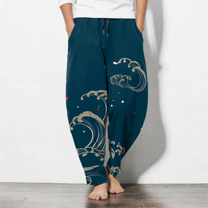 Buddha Stones Pantalon fuselé pour homme en pur coton, motif vagues et marées, avec cordon de serrage et poches - Sarcelle - US/UK/AU50，EU60 (5XL) - image 0