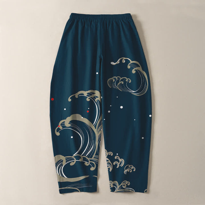 Buddha Stones Pantalon fuselé pour homme en pur coton, motif vagues et marées, avec cordon de serrage et poches - image 3