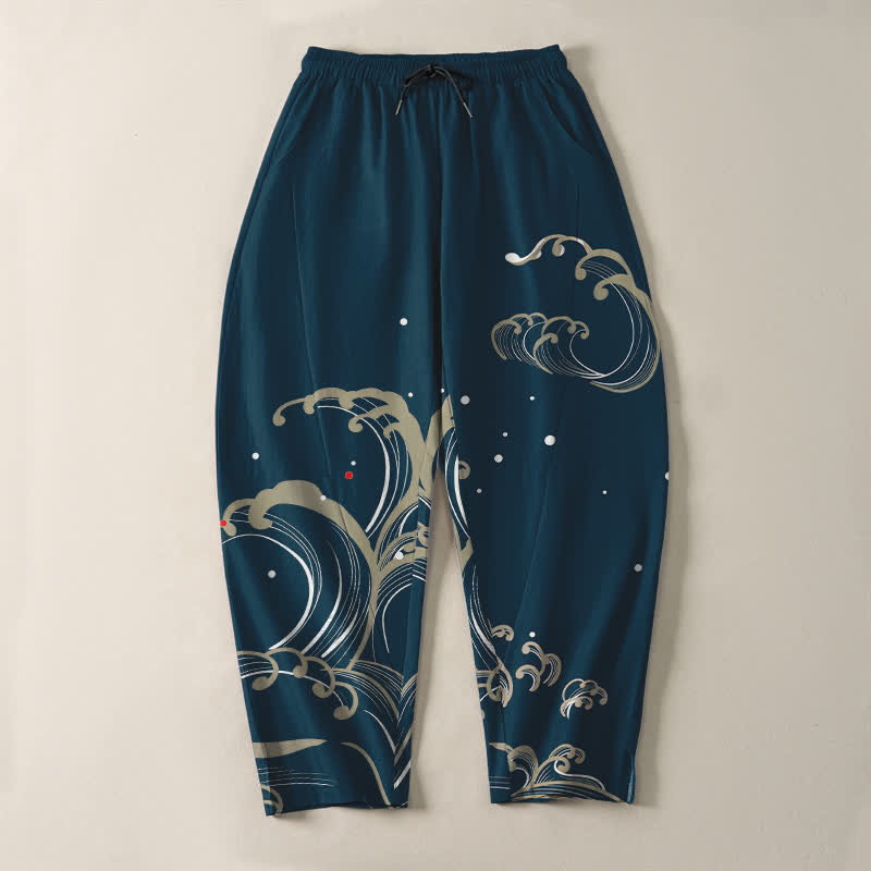 Buddha Stones Pantalon fuselé pour homme en pur coton, motif vagues et marées, avec cordon de serrage et poches - image 2
