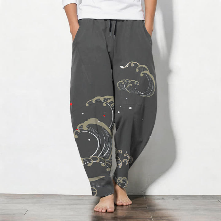 Buddha Stones Pantalon fuselé pour homme en pur coton, motif vagues et marées, avec cordon de serrage et poches - Gris terne - US/UK/AU50，EU60 (5XL) - image 7