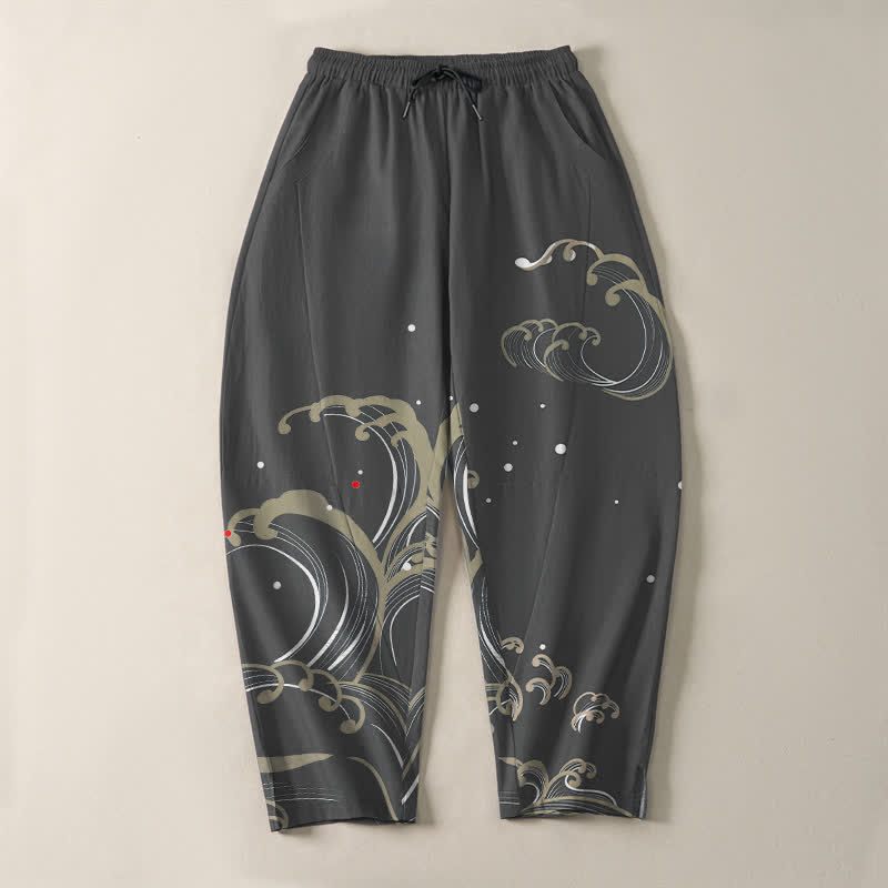 Buddha Stones Pantalon fuselé pour homme en pur coton, motif vagues et marées, avec cordon de serrage et poches - image 9