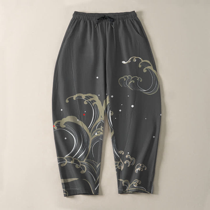 Buddha Stones Pantalon fuselé pour homme en pur coton, motif vagues et marées, avec cordon de serrage et poches - image 9