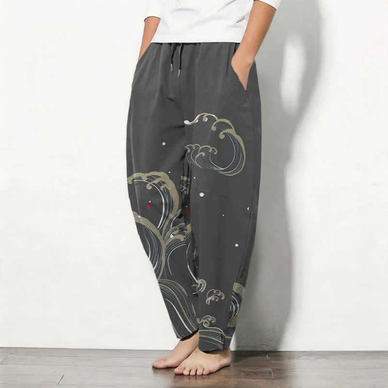 Buddha Stones Pantalon fuselé pour homme en pur coton, motif vagues et marées, avec cordon de serrage et poches - image 8