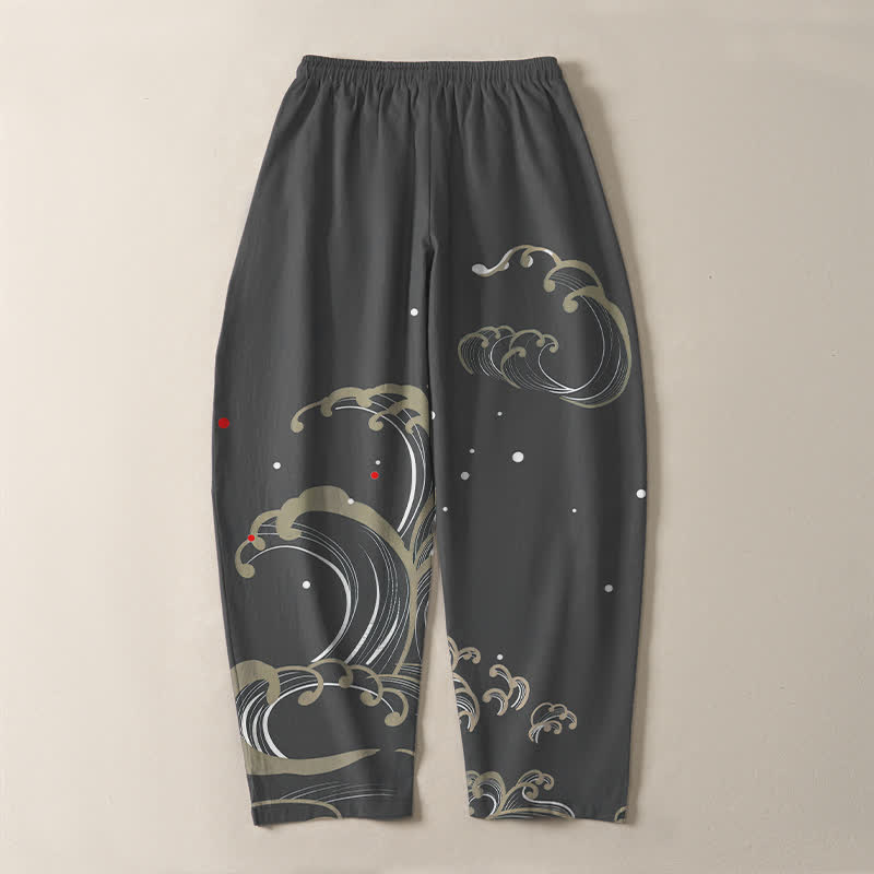 Buddha Stones Pantalon fuselé pour homme en pur coton, motif vagues et marées, avec cordon de serrage et poches - image 10