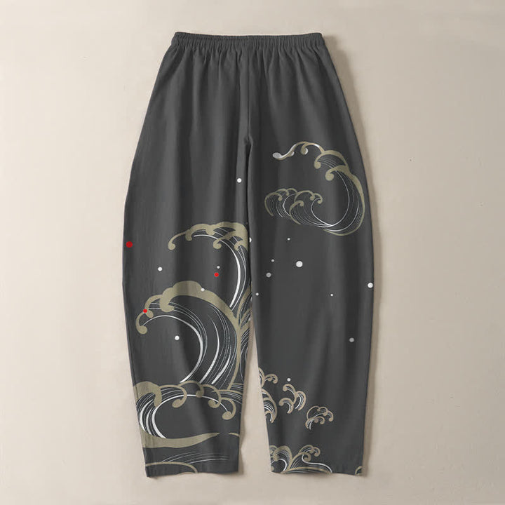 Buddha Stones Pantalon fuselé pour homme en pur coton, motif vagues et marées, avec cordon de serrage et poches - image 10