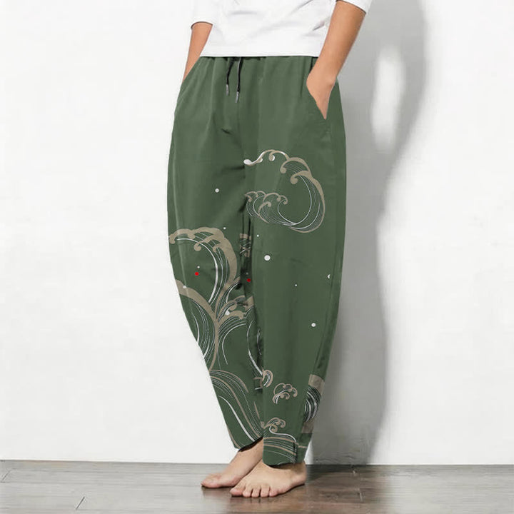 Buddha Stones Pantalon fuselé pour homme en pur coton, motif vagues et marées, avec cordon de serrage et poches - image 12