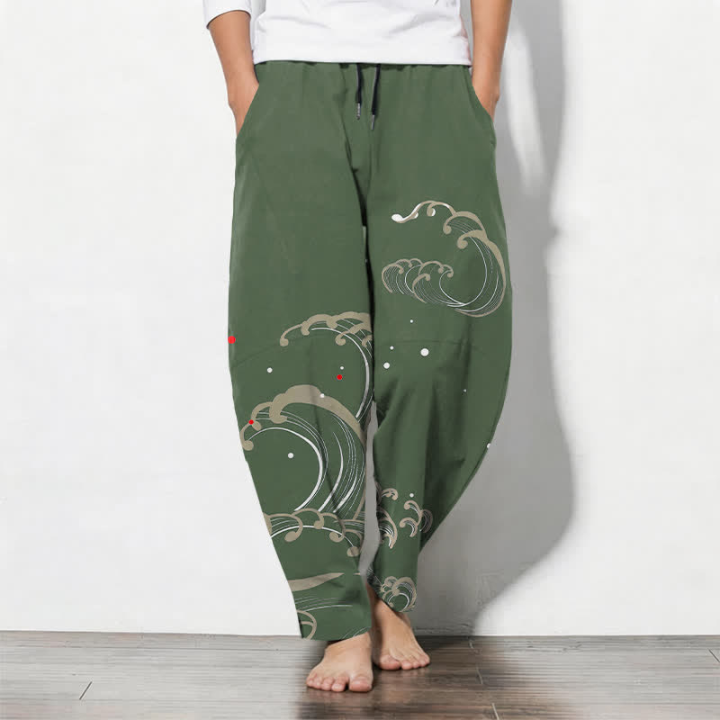 Buddha Stones Pantalon fuselé pour homme en pur coton, motif vagues et marées, avec cordon de serrage et poches - Vert olive foncé - US/UK/AU50，EU60 (5XL) - image 11