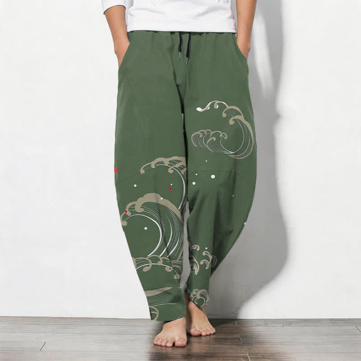 Buddha Stones Pantalon fuselé pour homme en pur coton, motif vagues et marées, avec cordon de serrage et poches - Vert olive foncé - US/UK/AU50，EU60 (5XL) - image 11