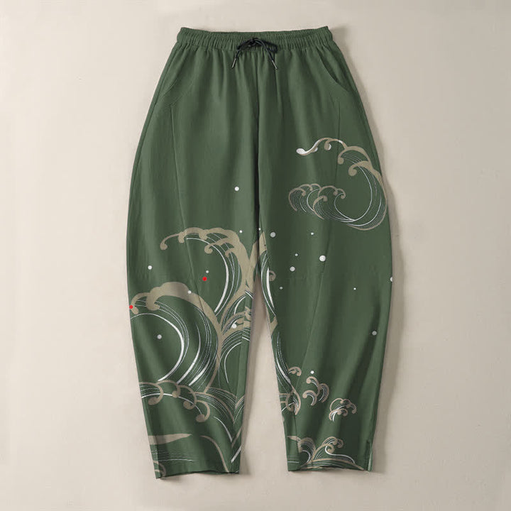 Buddha Stones Pantalon fuselé pour homme en pur coton, motif vagues et marées, avec cordon de serrage et poches - image 13