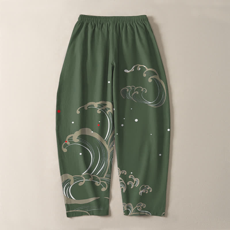 Buddha Stones Pantalon fuselé pour homme en pur coton, motif vagues et marées, avec cordon de serrage et poches - image 14