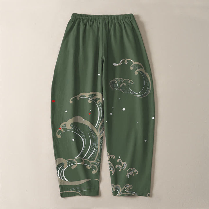 Buddha Stones Pantalon fuselé pour homme en pur coton, motif vagues et marées, avec cordon de serrage et poches - image 14