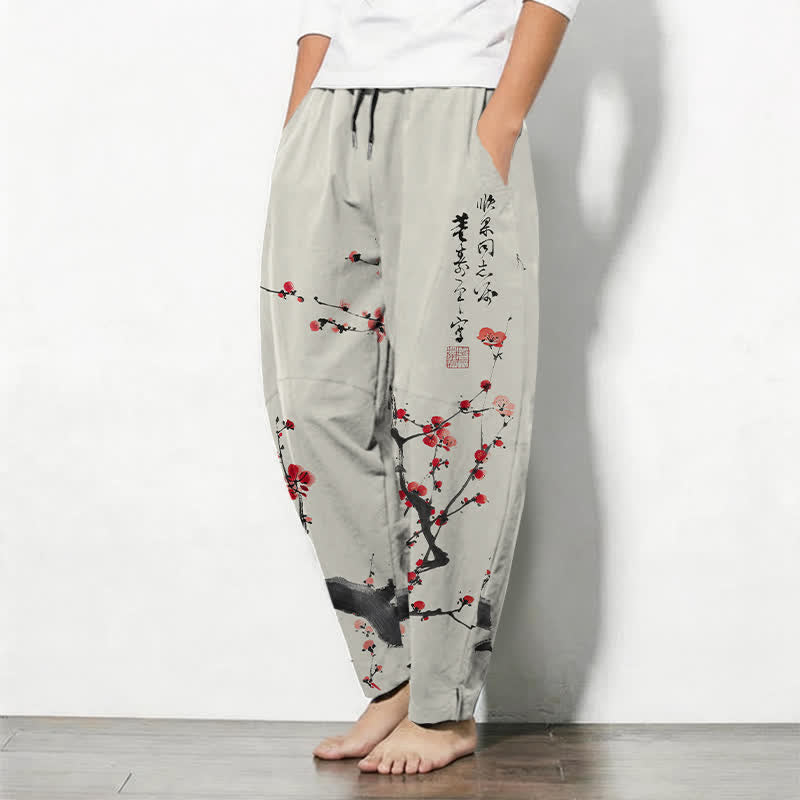 Buddha Stones Pantalon fuselé pour homme en pur coton, motif calligraphique de fleurs de prunier, cordon de serrage et poches - image 1