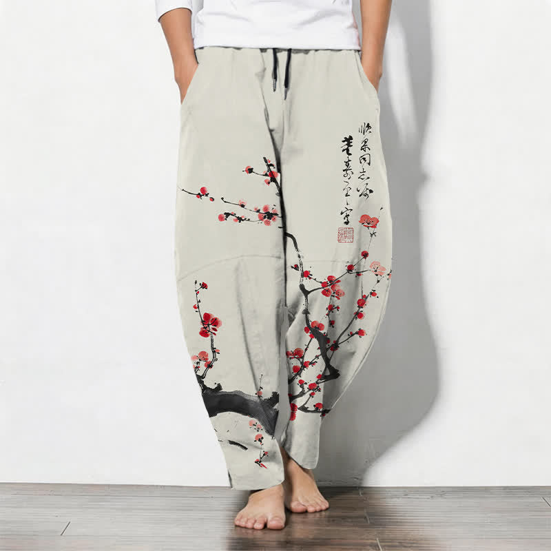 Buddha Stones Pantalon fuselé pour homme en pur coton, motif calligraphique de fleurs de prunier, cordon de serrage et poches - Beige - US/UK/AU50，EU60 (5XL) - image 0