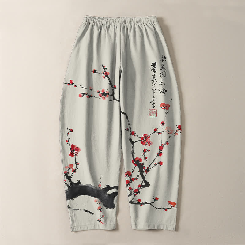 Buddha Stones Pantalon fuselé pour homme en pur coton, motif calligraphique de fleurs de prunier, cordon de serrage et poches - image 3