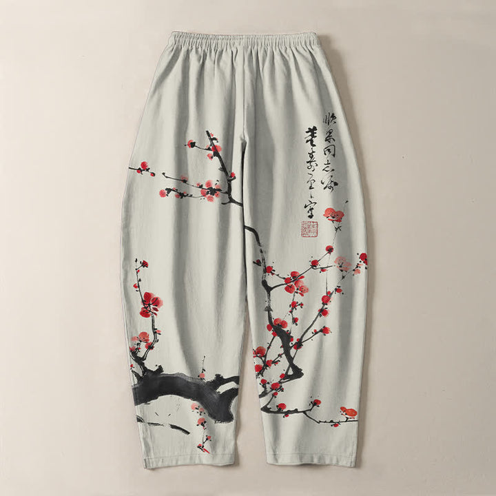 Buddha Stones Pantalon fuselé pour homme en pur coton, motif calligraphique de fleurs de prunier, cordon de serrage et poches - image 3