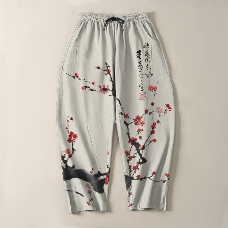 Buddha Stones Pantalon fuselé pour homme en pur coton, motif calligraphique de fleurs de prunier, cordon de serrage et poches - image 2