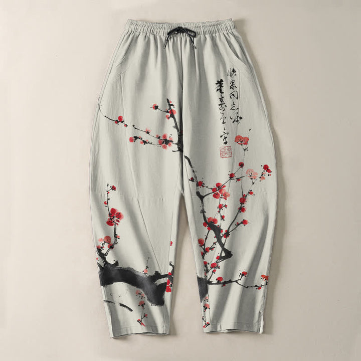 Buddha Stones Pantalon fuselé pour homme en pur coton, motif calligraphique de fleurs de prunier, cordon de serrage et poches - image 2