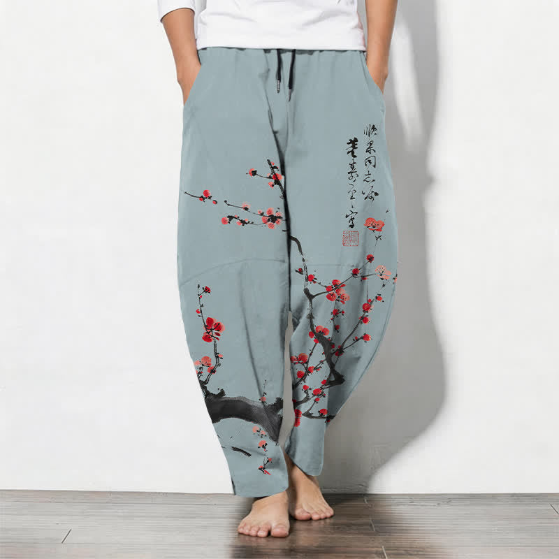 Buddha Stones Pantalon fuselé pour homme en pur coton, motif calligraphique de fleurs de prunier, cordon de serrage et poches - Bleu acier clair - US/UK/AU50，EU60 (5XL) - image 7