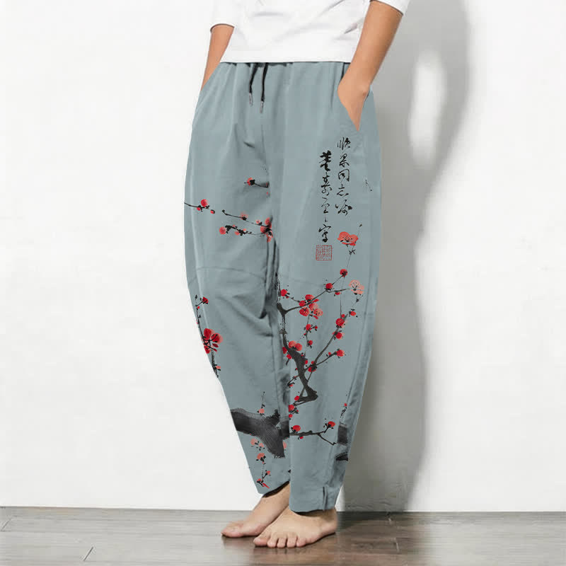 Buddha Stones Pantalon fuselé pour homme en pur coton, motif calligraphique de fleurs de prunier, cordon de serrage et poches - image 8