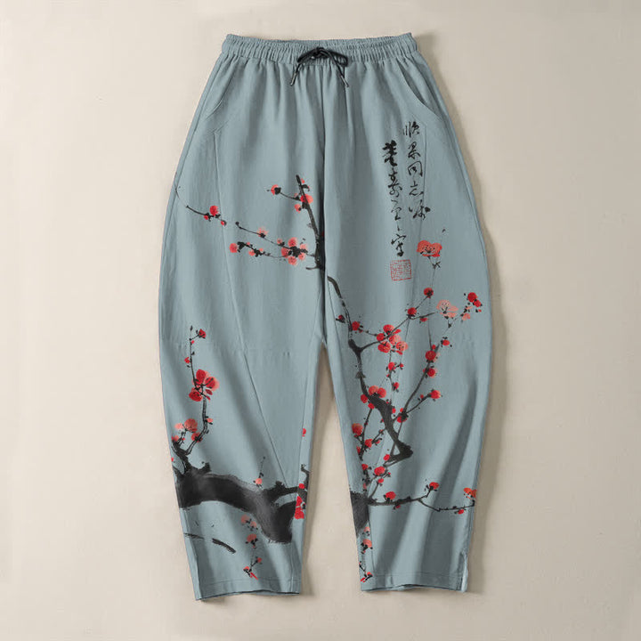 Buddha Stones Pantalon fuselé pour homme en pur coton, motif calligraphique de fleurs de prunier, cordon de serrage et poches - image 9