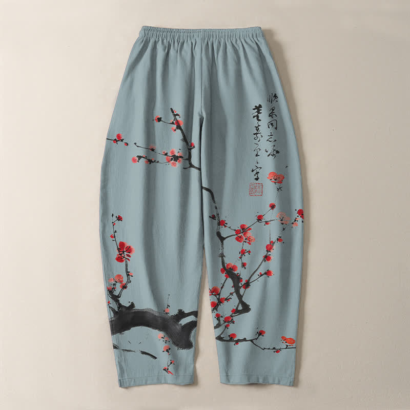 Buddha Stones Pantalon fuselé pour homme en pur coton, motif calligraphique de fleurs de prunier, cordon de serrage et poches - image 10
