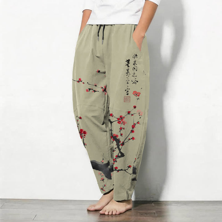 Buddha Stones Pantalon fuselé pour homme en pur coton, motif calligraphique de fleurs de prunier, cordon de serrage et poches - image 12