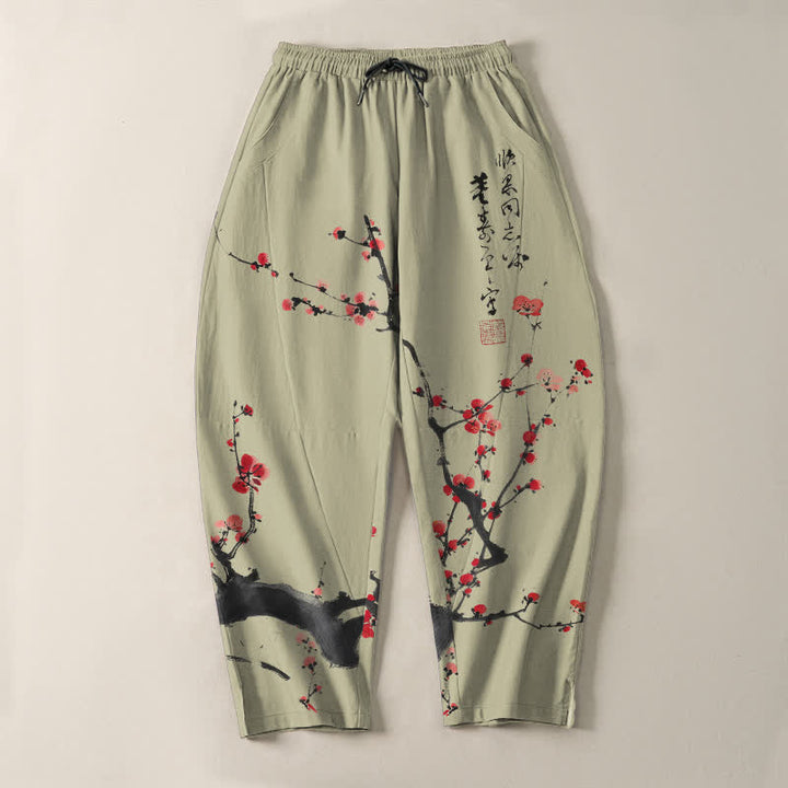 Buddha Stones Pantalon fuselé pour homme en pur coton, motif calligraphique de fleurs de prunier, cordon de serrage et poches - image 13