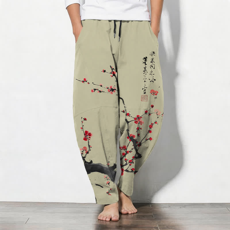 Buddha Stones Pantalon fuselé pour homme en pur coton, motif calligraphique de fleurs de prunier, cordon de serrage et poches - DarkKhaki - US/UK/AU50，EU60 (5XL) - image 11