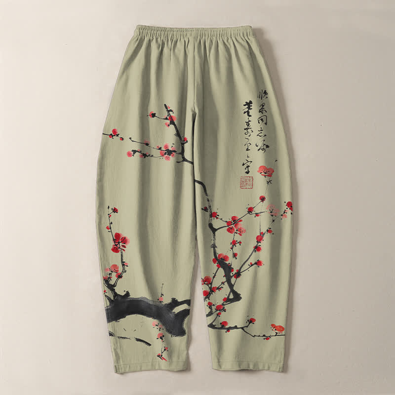 Buddha Stones Pantalon fuselé pour homme en pur coton, motif calligraphique de fleurs de prunier, cordon de serrage et poches - image 14