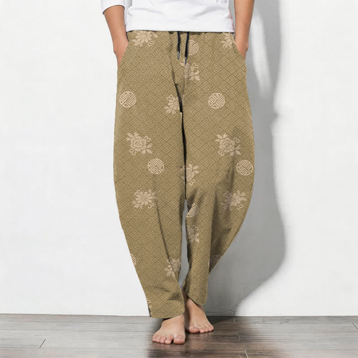 Buddha Stones Pantalon fuselé pour homme en pur coton, à cordon de serrage et poches, orné d'un motif floral médaillon. - Tanné - US/UK/AU50，EU60 (5XL) - image 0