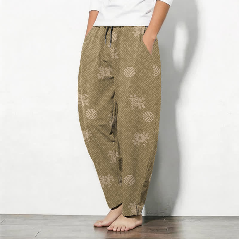 Buddha Stones Pantalon fuselé pour homme en pur coton, à cordon de serrage et poches, orné d'un motif floral médaillon. - image 1