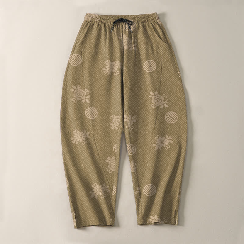 Buddha Stones Pantalon fuselé pour homme en pur coton, à cordon de serrage et poches, orné d'un motif floral médaillon. - image 2